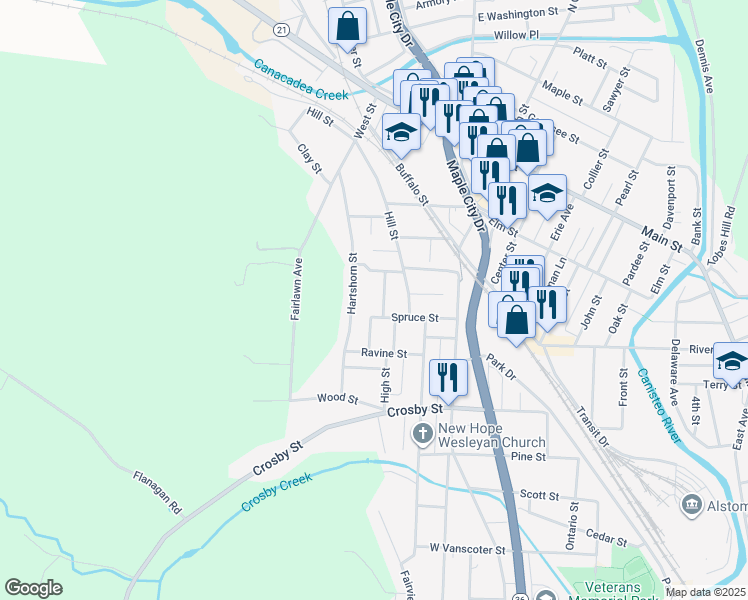 map of restaurants, bars, coffee shops, grocery stores, and more near 177 Prospect St in Hornell