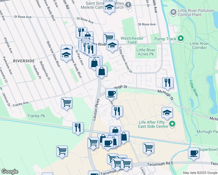 map of restaurants, bars, coffee shops, grocery stores, and more near 1390 Lauzon Road in Windsor