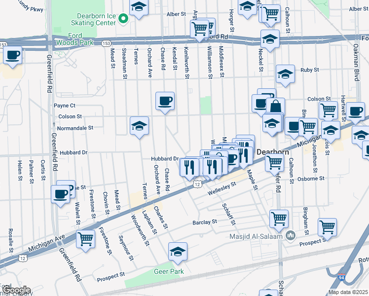 map of restaurants, bars, coffee shops, grocery stores, and more near 4920 Schlaff Street in Dearborn