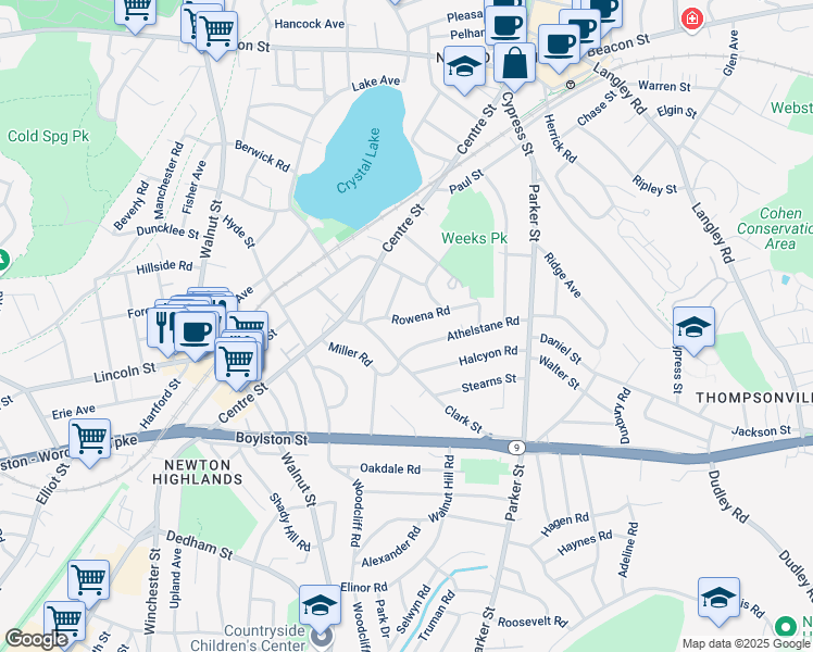 map of restaurants, bars, coffee shops, grocery stores, and more near 64 Rowena Road in Newton