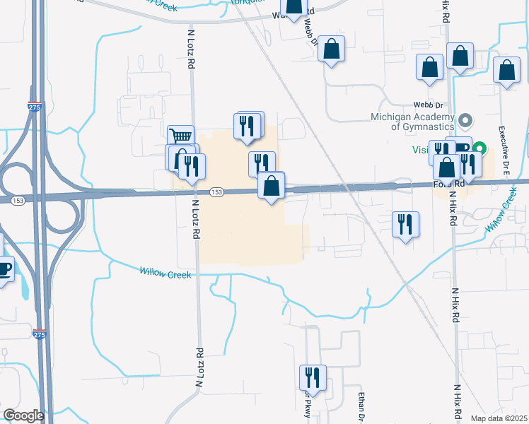 map of restaurants, bars, coffee shops, grocery stores, and more near 39453 Ford Road in Canton