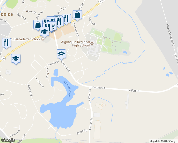 map of restaurants, bars, coffee shops, grocery stores, and more near 6 Weber Lane in Northborough