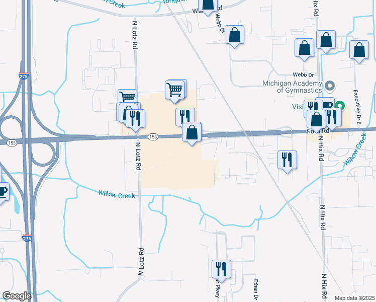 map of restaurants, bars, coffee shops, grocery stores, and more near 39453 Ford Road in Canton
