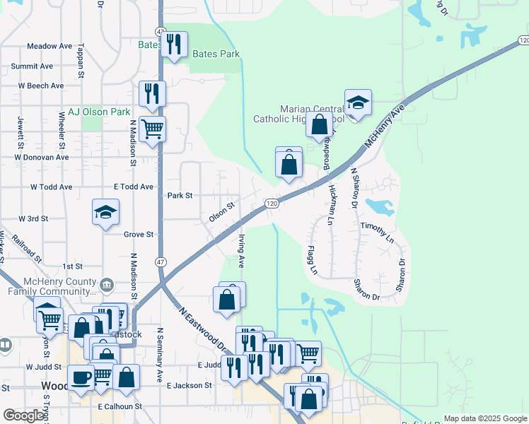 map of restaurants, bars, coffee shops, grocery stores, and more near 640 McHenry Avenue in Woodstock