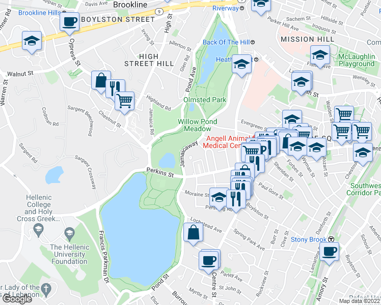 map of restaurants, bars, coffee shops, grocery stores, and more near 111 Perkins Street in Boston