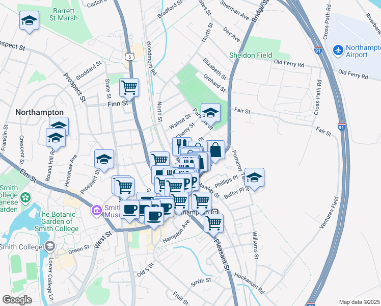 map of restaurants, bars, coffee shops, grocery stores, and more near 25 Union Street in Northampton