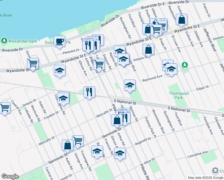map of restaurants, bars, coffee shops, grocery stores, and more near 1021 Lawrence Road in Windsor