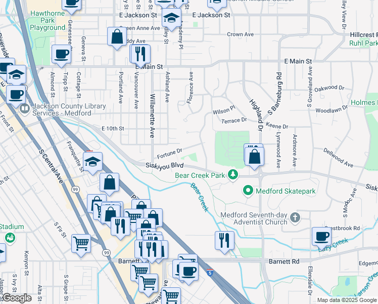 map of restaurants, bars, coffee shops, grocery stores, and more near 1356 Fortune Drive in Medford