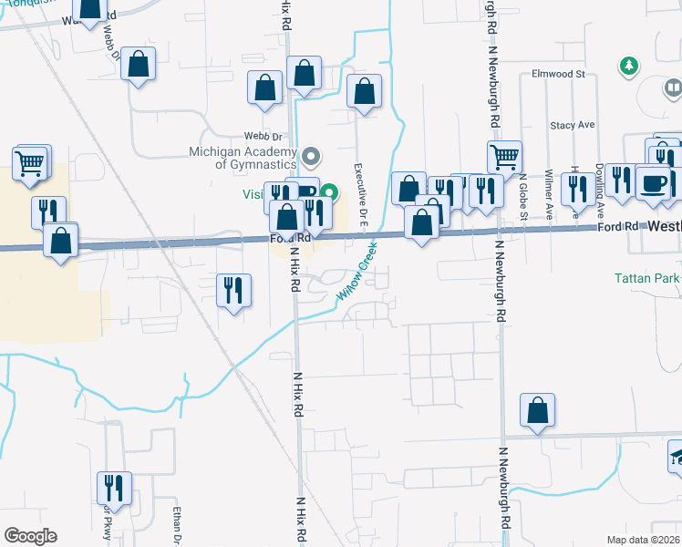 map of restaurants, bars, coffee shops, grocery stores, and more near 38283 Carolon Boulevard in Westland