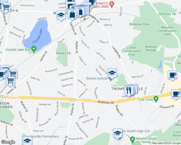 map of restaurants, bars, coffee shops, grocery stores, and more near 87 Ridge Avenue in Newton