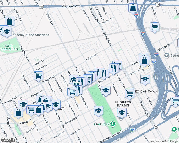 map of restaurants, bars, coffee shops, grocery stores, and more near 2027 Scotten Avenue in Detroit
