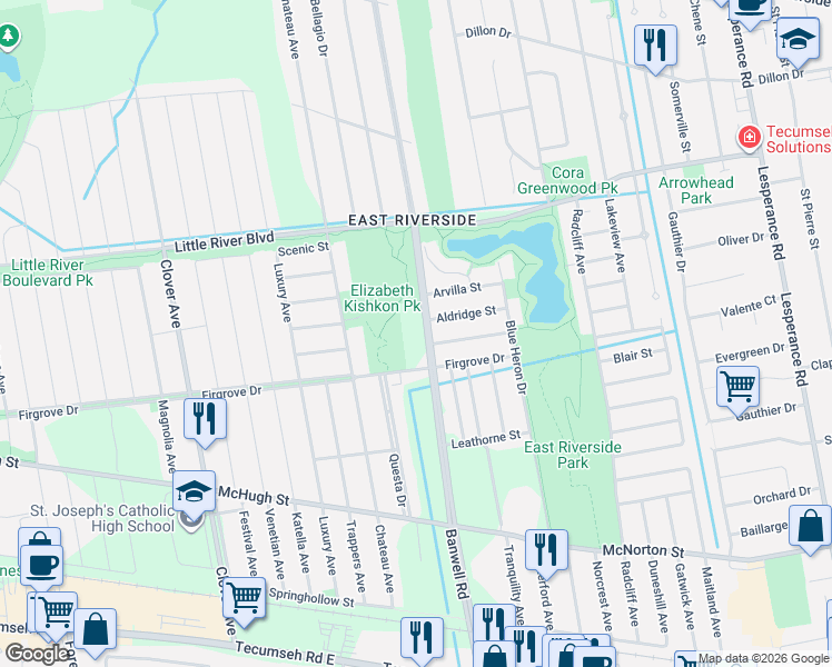 map of restaurants, bars, coffee shops, grocery stores, and more near 1611 Banwell Road in Windsor