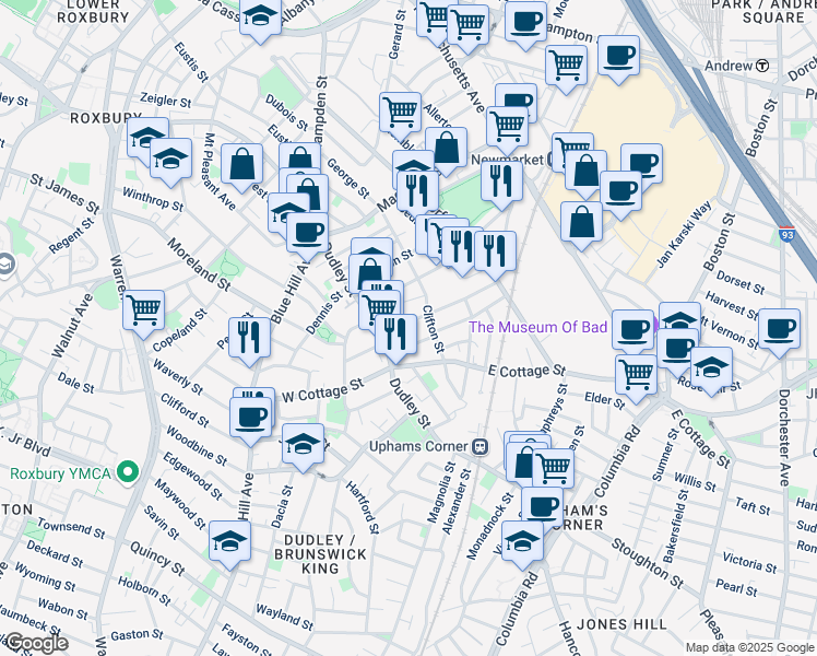 map of restaurants, bars, coffee shops, grocery stores, and more near 19 Burrell Street in Boston
