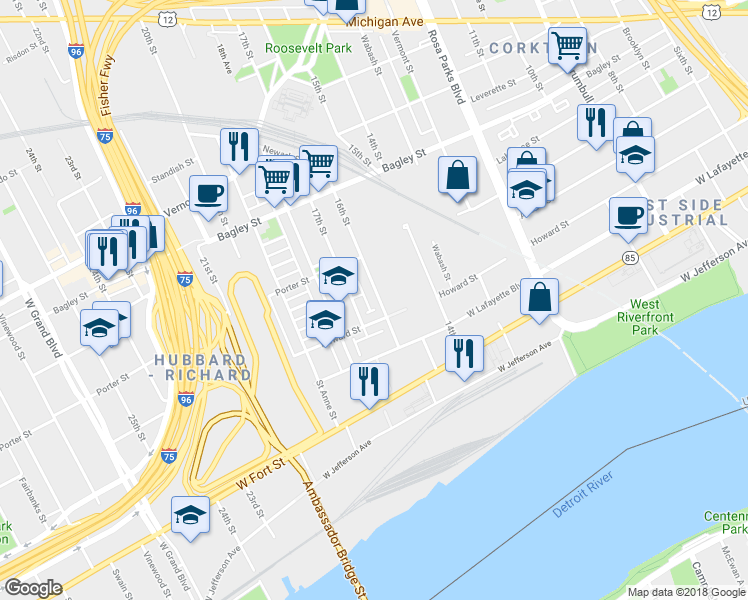 map of restaurants, bars, coffee shops, grocery stores, and more near 1241 16th Street in Detroit