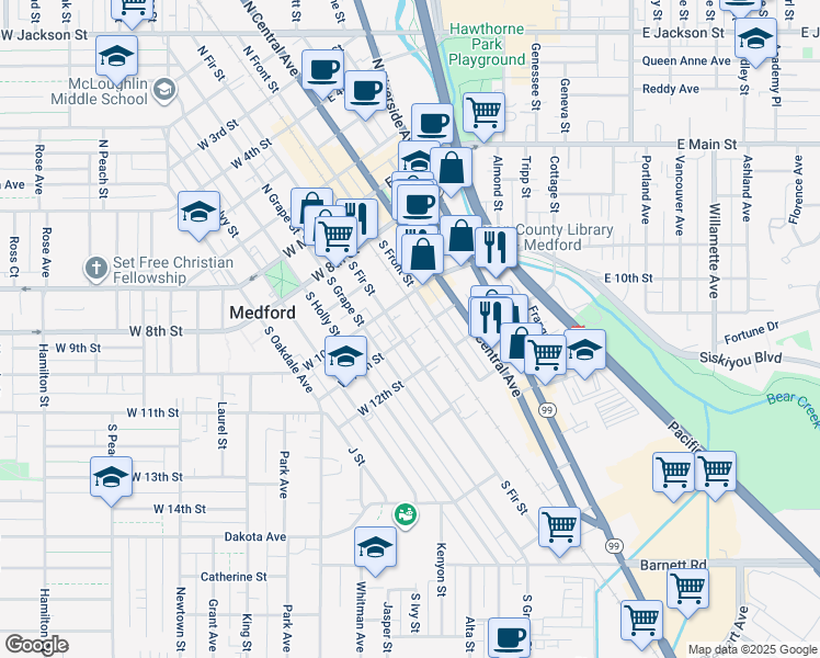 map of restaurants, bars, coffee shops, grocery stores, and more near 327 South Fir Street in Medford