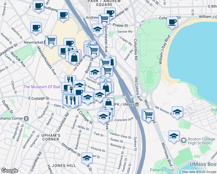 map of restaurants, bars, coffee shops, grocery stores, and more near 834 Dorchester Avenue in Boston
