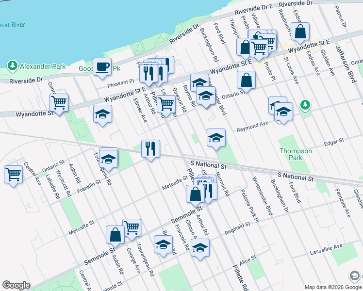 map of restaurants, bars, coffee shops, grocery stores, and more near 1021 Lawrence Road in Windsor