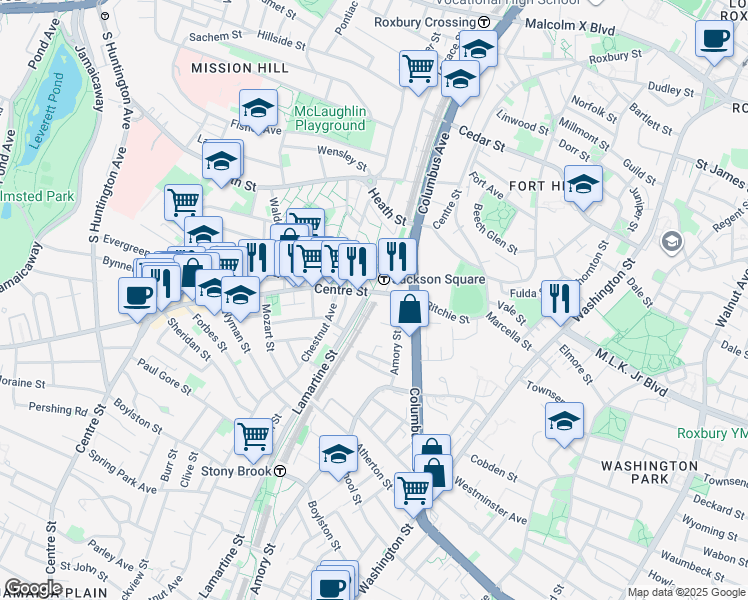 map of restaurants, bars, coffee shops, grocery stores, and more near 12 Lamartine Street in Boston