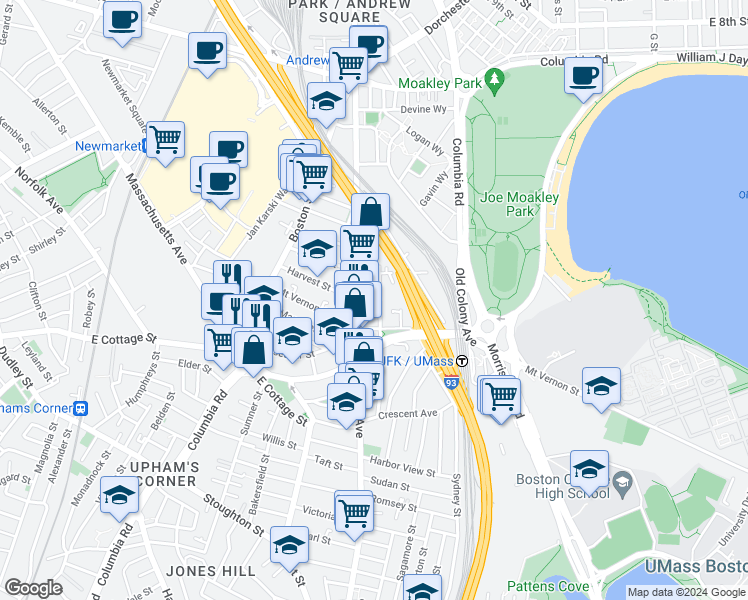 map of restaurants, bars, coffee shops, grocery stores, and more near 834 Dorchester Avenue in Boston