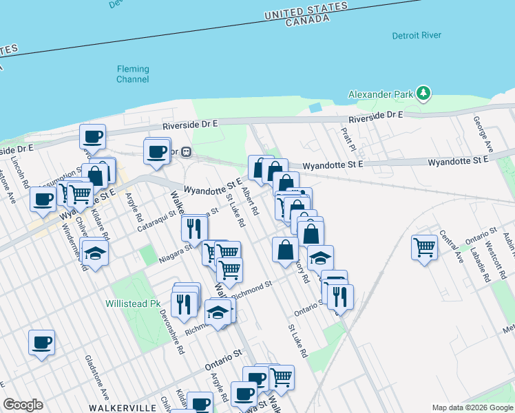 map of restaurants, bars, coffee shops, grocery stores, and more near in Windsor