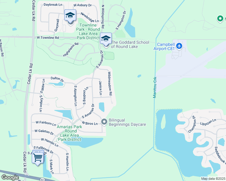 map of restaurants, bars, coffee shops, grocery stores, and more near 1397 Wildmeadow Road in Round Lake