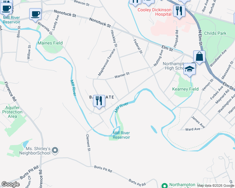 map of restaurants, bars, coffee shops, grocery stores, and more near 11 Norwood Avenue in Northampton