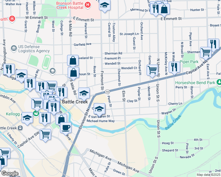 map of restaurants, bars, coffee shops, grocery stores, and more near 217 Capital Avenue Northeast in Battle Creek