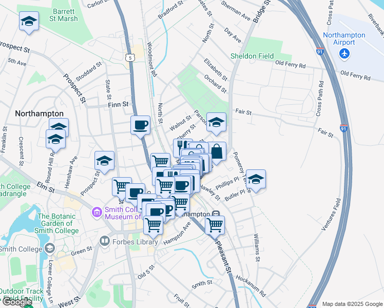 map of restaurants, bars, coffee shops, grocery stores, and more near 25 Union Street in Northampton