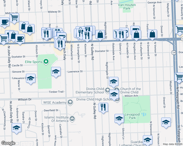 map of restaurants, bars, coffee shops, grocery stores, and more near 1643 North Gulley Road in Dearborn Heights