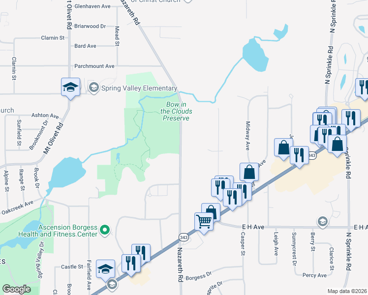map of restaurants, bars, coffee shops, grocery stores, and more near 3128 Nazareth Road in Kalamazoo