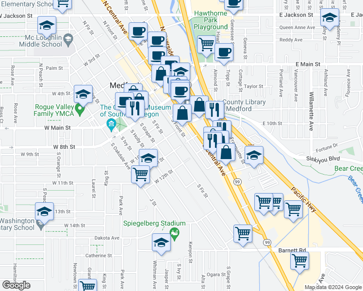 map of restaurants, bars, coffee shops, grocery stores, and more near 1 West 11th Street in Medford