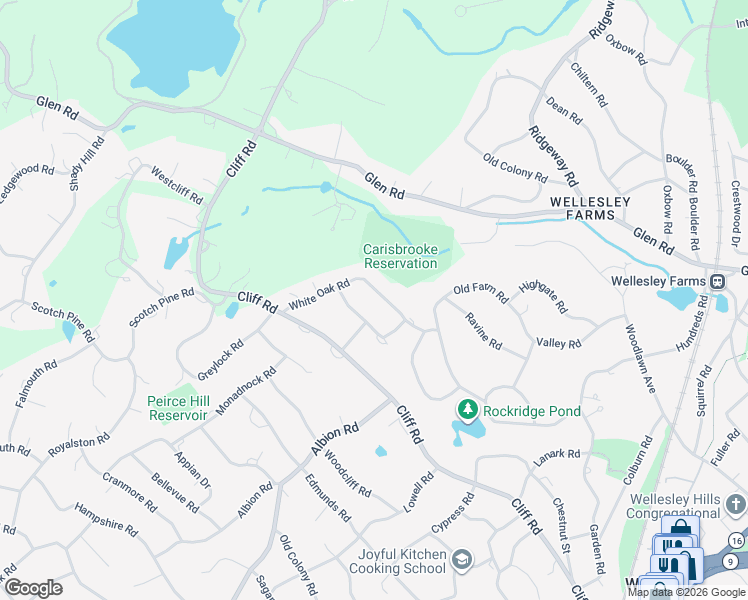 map of restaurants, bars, coffee shops, grocery stores, and more near 56 White Oak Road in Wellesley