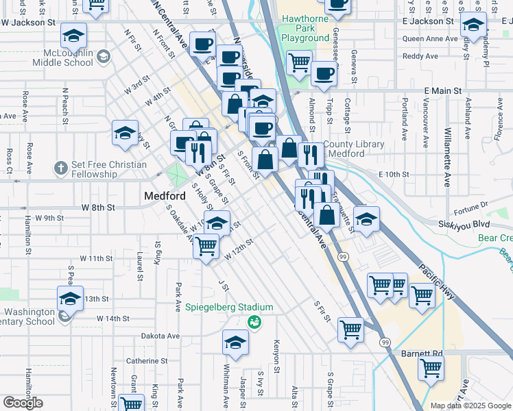 map of restaurants, bars, coffee shops, grocery stores, and more near 327 South Fir Street in Medford