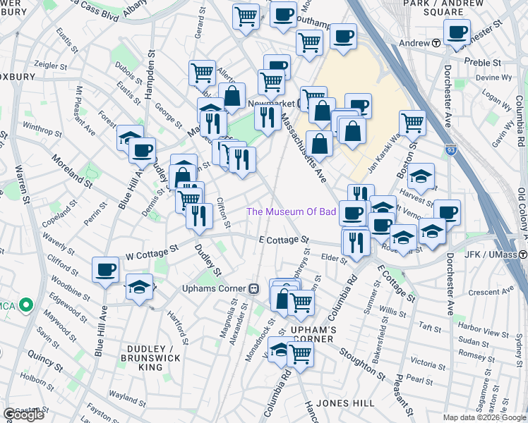 map of restaurants, bars, coffee shops, grocery stores, and more near 23 Robey Street in Boston