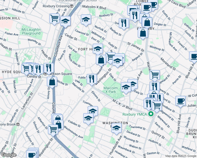 map of restaurants, bars, coffee shops, grocery stores, and more near 2757 Washington Street in Boston