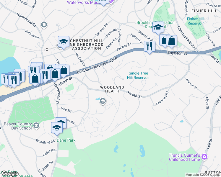 map of restaurants, bars, coffee shops, grocery stores, and more near 335 Heath Street in Brookline