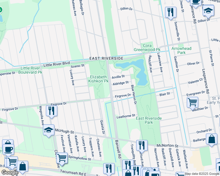 map of restaurants, bars, coffee shops, grocery stores, and more near 1610 Banwell Road in Windsor