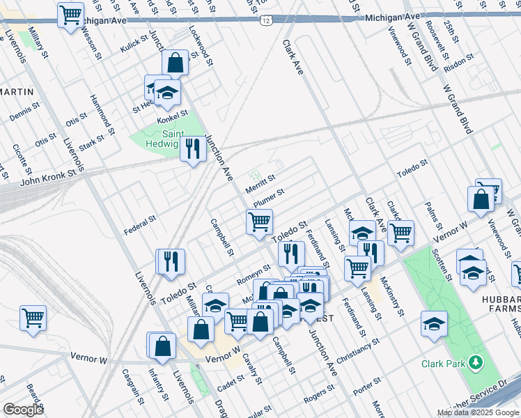map of restaurants, bars, coffee shops, grocery stores, and more near 4825 Plumer Street in Detroit
