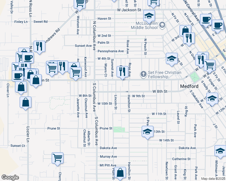map of restaurants, bars, coffee shops, grocery stores, and more near 1320 West 8th Street in Medford