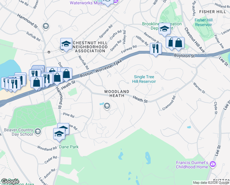 map of restaurants, bars, coffee shops, grocery stores, and more near 335 Heath Street in Brookline