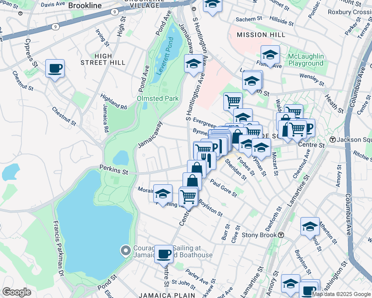 map of restaurants, bars, coffee shops, grocery stores, and more near 361A South Huntington Avenue in Boston