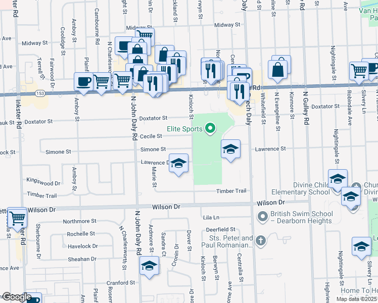 map of restaurants, bars, coffee shops, grocery stores, and more near 26211 Simone Street in Dearborn Heights