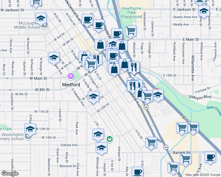 map of restaurants, bars, coffee shops, grocery stores, and more near 327 South Fir Street in Medford