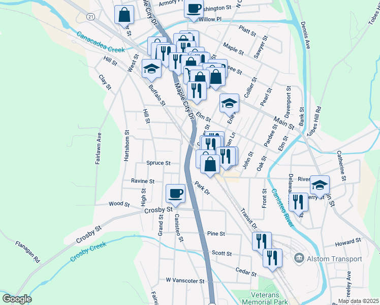 map of restaurants, bars, coffee shops, grocery stores, and more near 100 Maple City Drive in Hornell