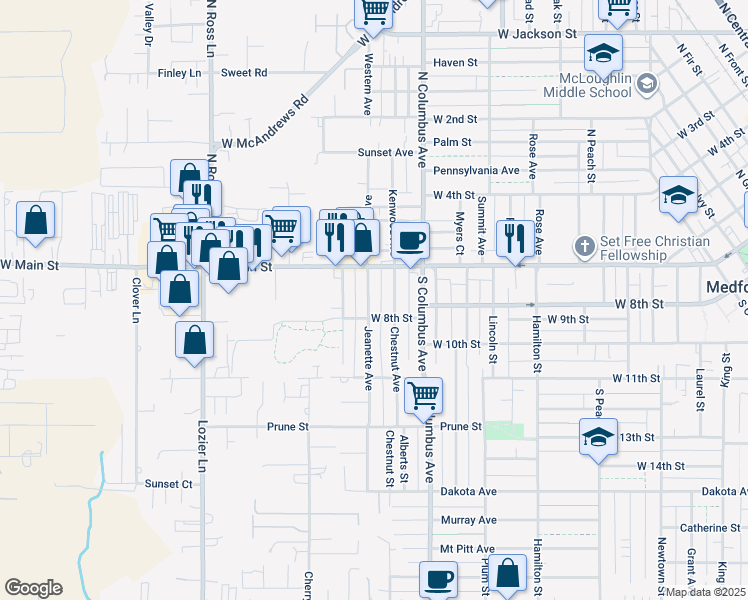 map of restaurants, bars, coffee shops, grocery stores, and more near 27 Jeanette Avenue in Medford