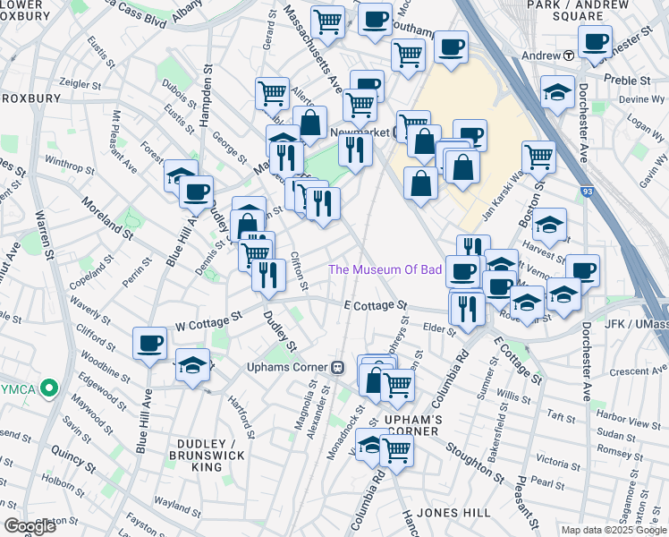 map of restaurants, bars, coffee shops, grocery stores, and more near 23 Robey Street in Boston