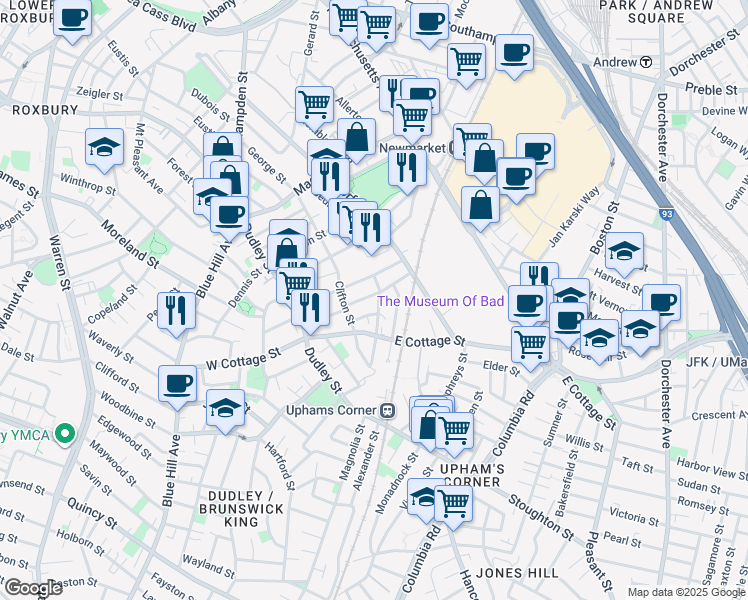 map of restaurants, bars, coffee shops, grocery stores, and more near 11 Marshfield Street in Boston