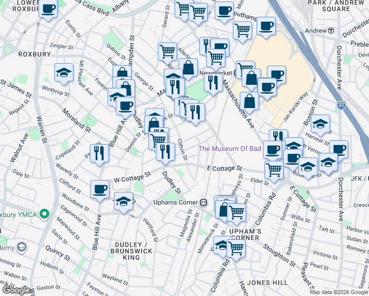 map of restaurants, bars, coffee shops, grocery stores, and more near 11 Marshfield Street in Boston