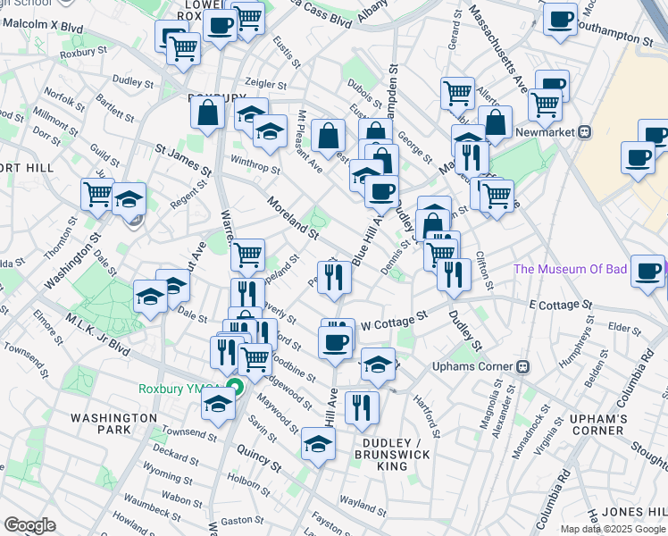 map of restaurants, bars, coffee shops, grocery stores, and more near 85 Blue Hill Avenue in Boston