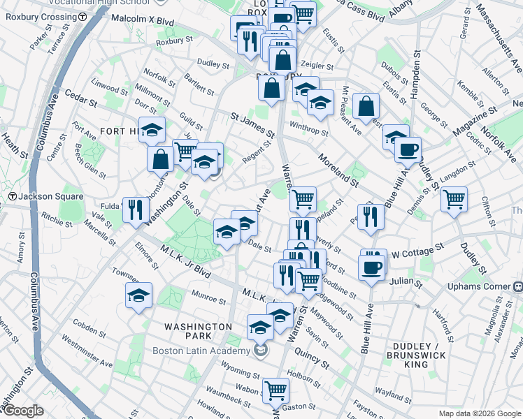 map of restaurants, bars, coffee shops, grocery stores, and more near 44 Rockland Street in Boston